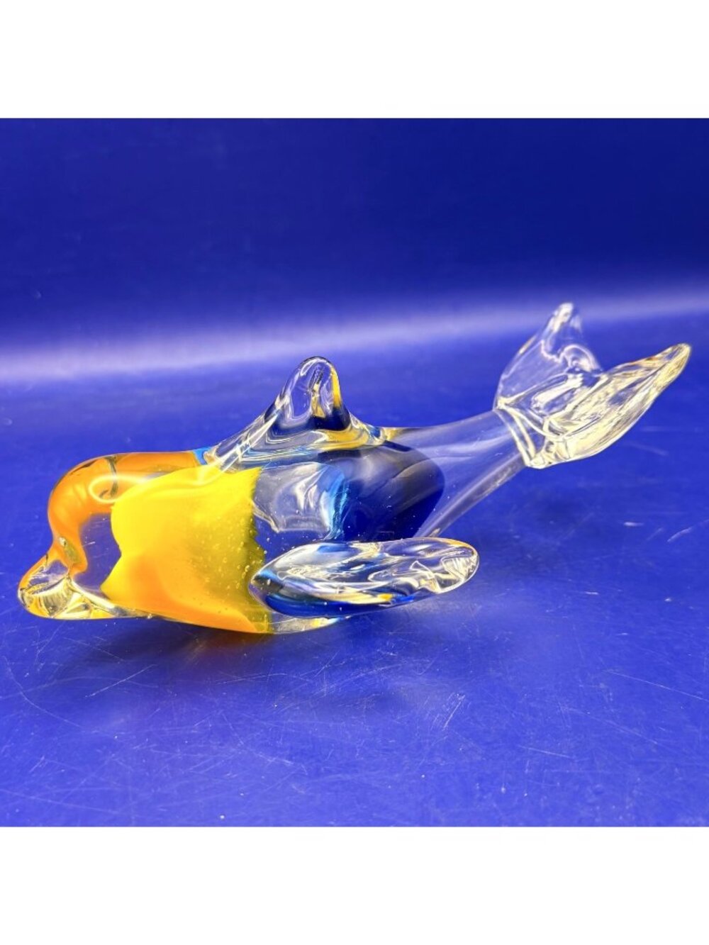 Art Glass Dolphin Figurine Blue Yellow Glass Paperweight Nautical Home Décor 6"